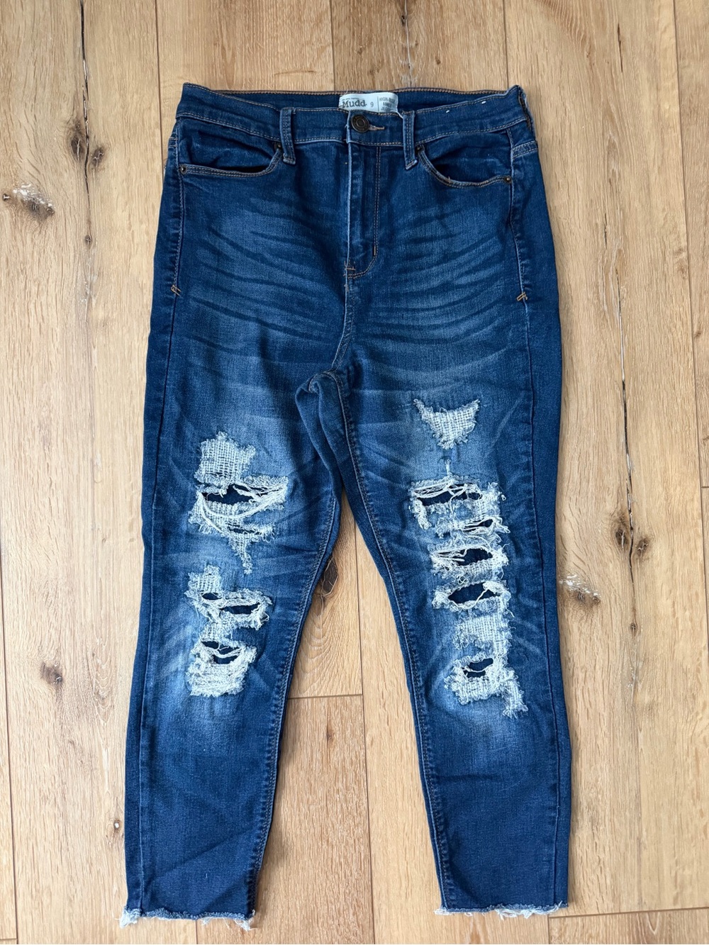Mudd Flex Stretch High-Rise Ankle Jeggings Size 9 Distressed Ripped Blue